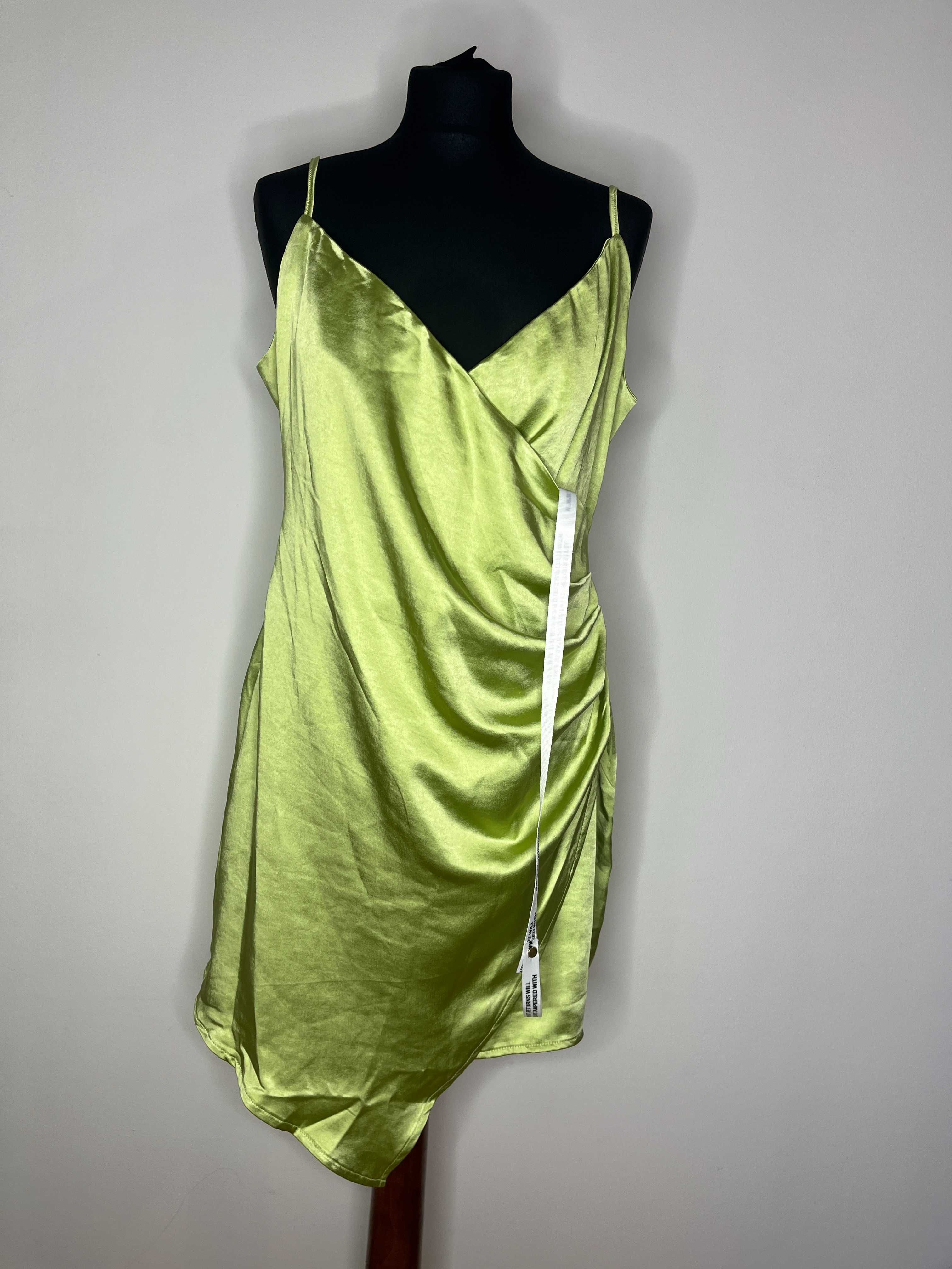 Zielona limonkowa satynowa sukienka mini Club London rozmiar XL