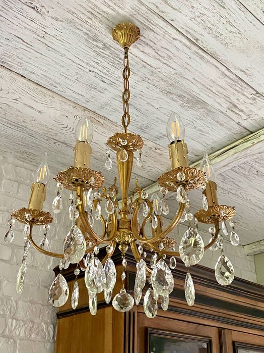 Francuski Żyrandol nr. 30 Francja, mosiądz kryształy 6-ram Antyk