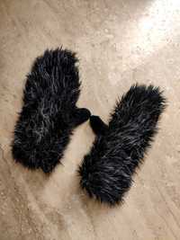 Puchate zimowe ciepłe duże rękawiczki unisex jednopalcowe czarne futro