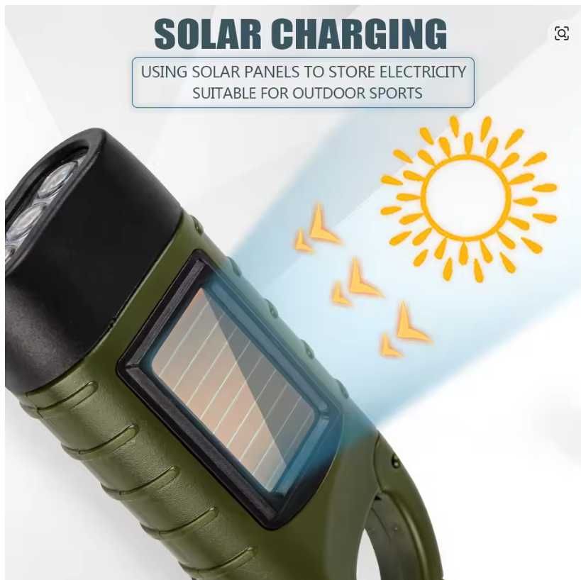 Lanterna LED portátil com manivela Dínamo e painel solar