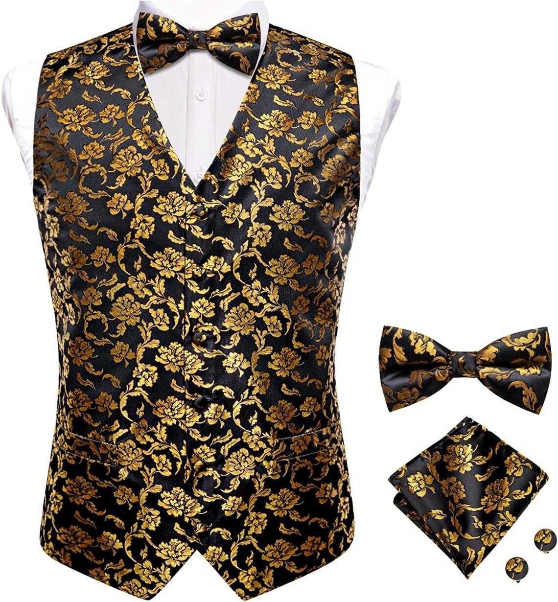 L XL Kamizelka Krawat muszka elegancka czarna złota garnituru
