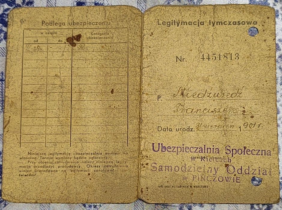 Stara legitymacja Pińczów 1934 rok Ubezpieczalnia Społeczna Kielce