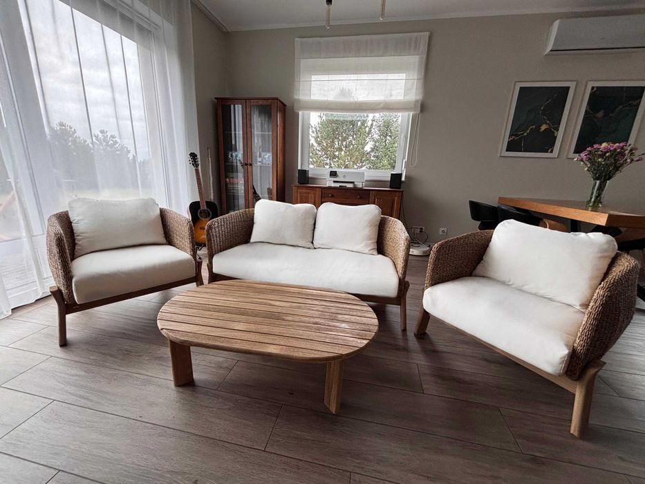 Zestaw mebli (sofa+2 fotele+stolik) naturalny rattan i drewno akacjowe