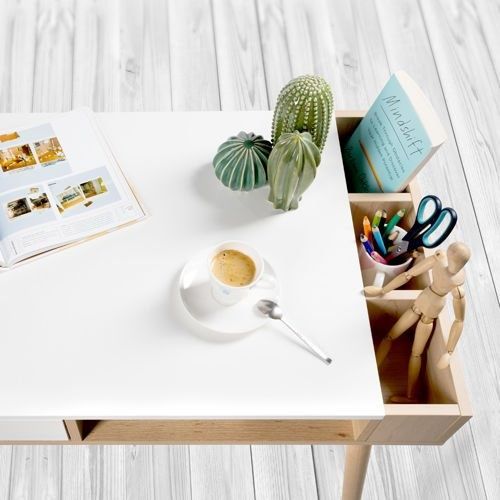 Biurko SOFIE białe/buk z szufladą i przegródkami