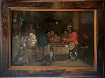 Duży obraz olejny Holenderska scenka rodzajowa XVIII wiek