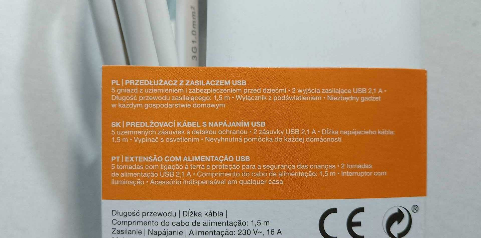 Przedłużacz z zasilaczem USB Hykker 1,5 m 5 gniazd z uziemieniem