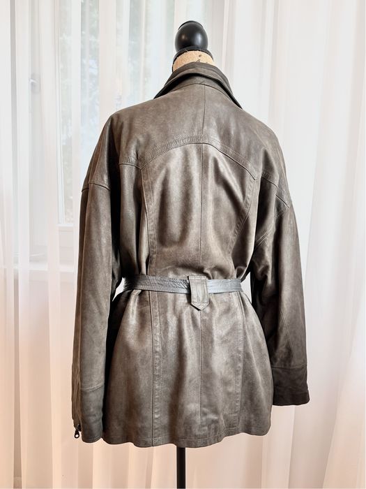 Miękka skóra licowa, wiązana w pasie, M oversize, gratis szal z futrem