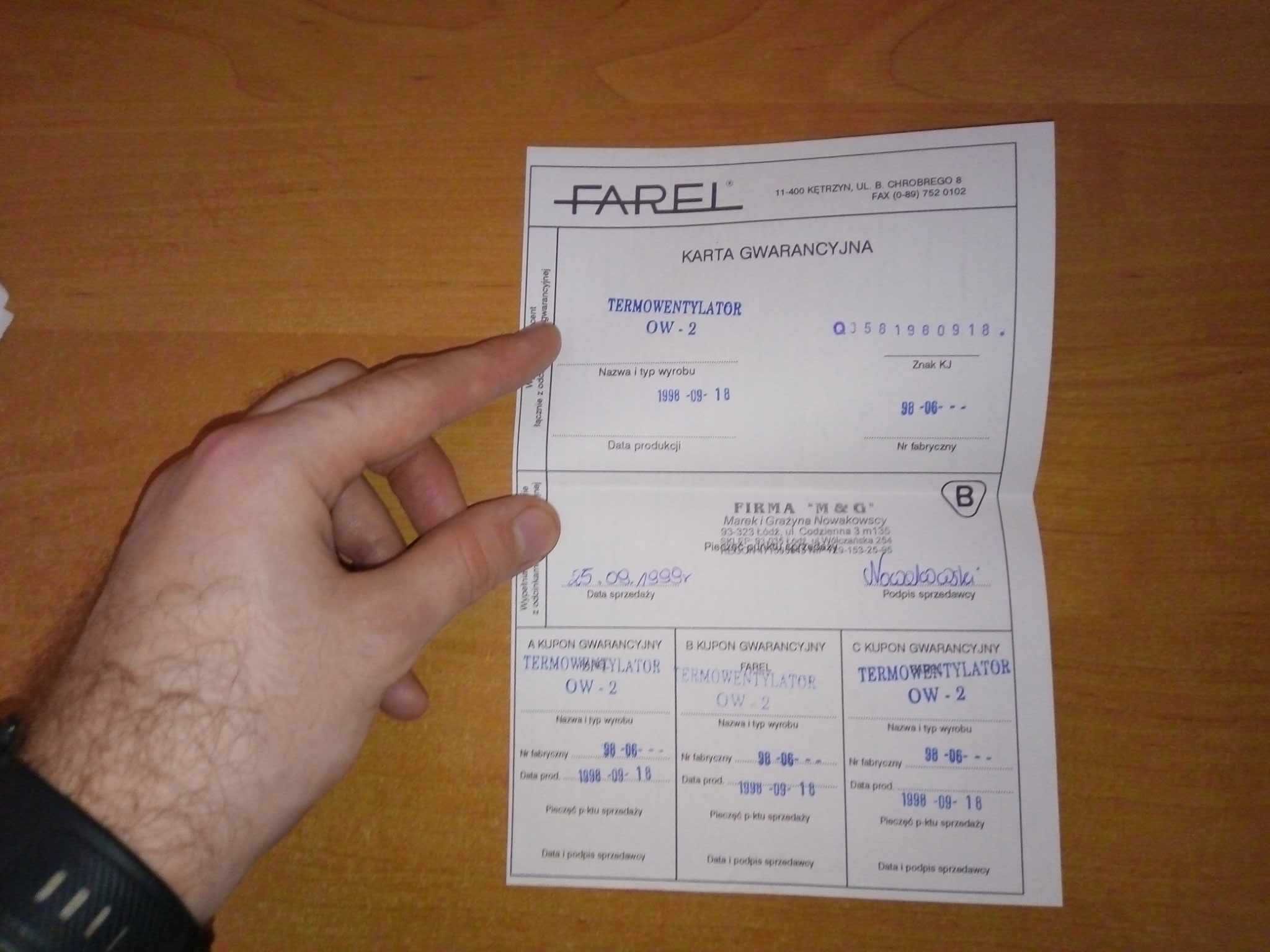 Termowentylator OW-2 Farel farelka karta gwarancyjna 1998 Kętrzyn PRL
