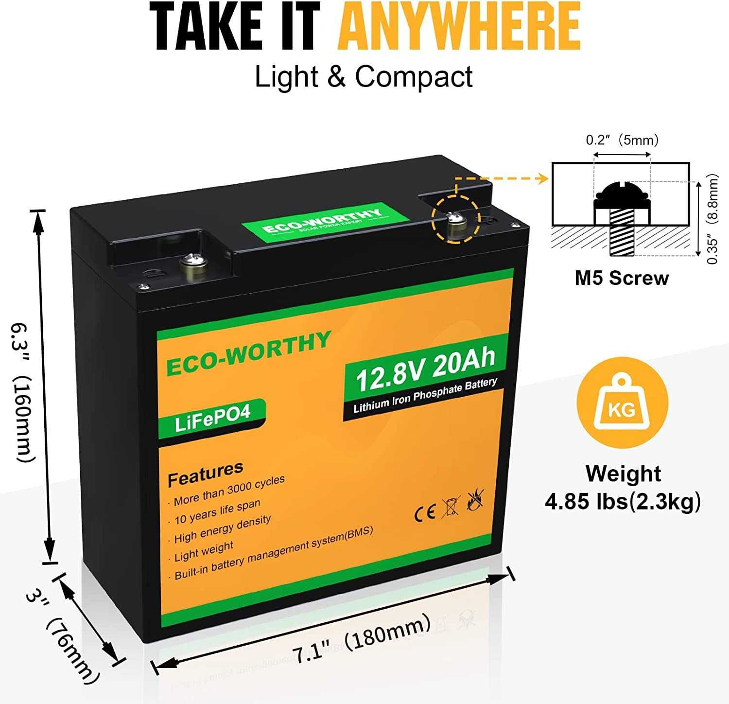 Eco-Worthy Аккумулятор LiFePO4 20Ah 12.8V BMS