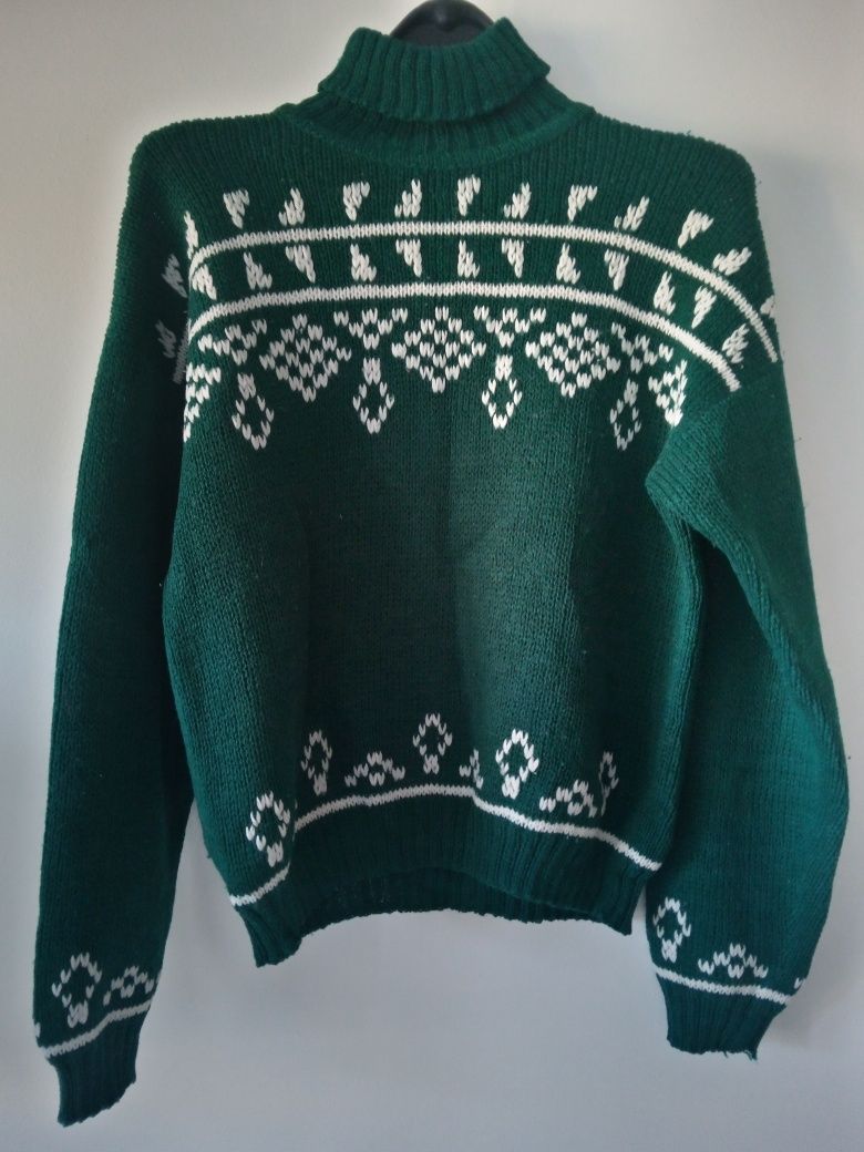 Ciepły sweter norweski skandynawsk butelkowa zieleń i golf xs