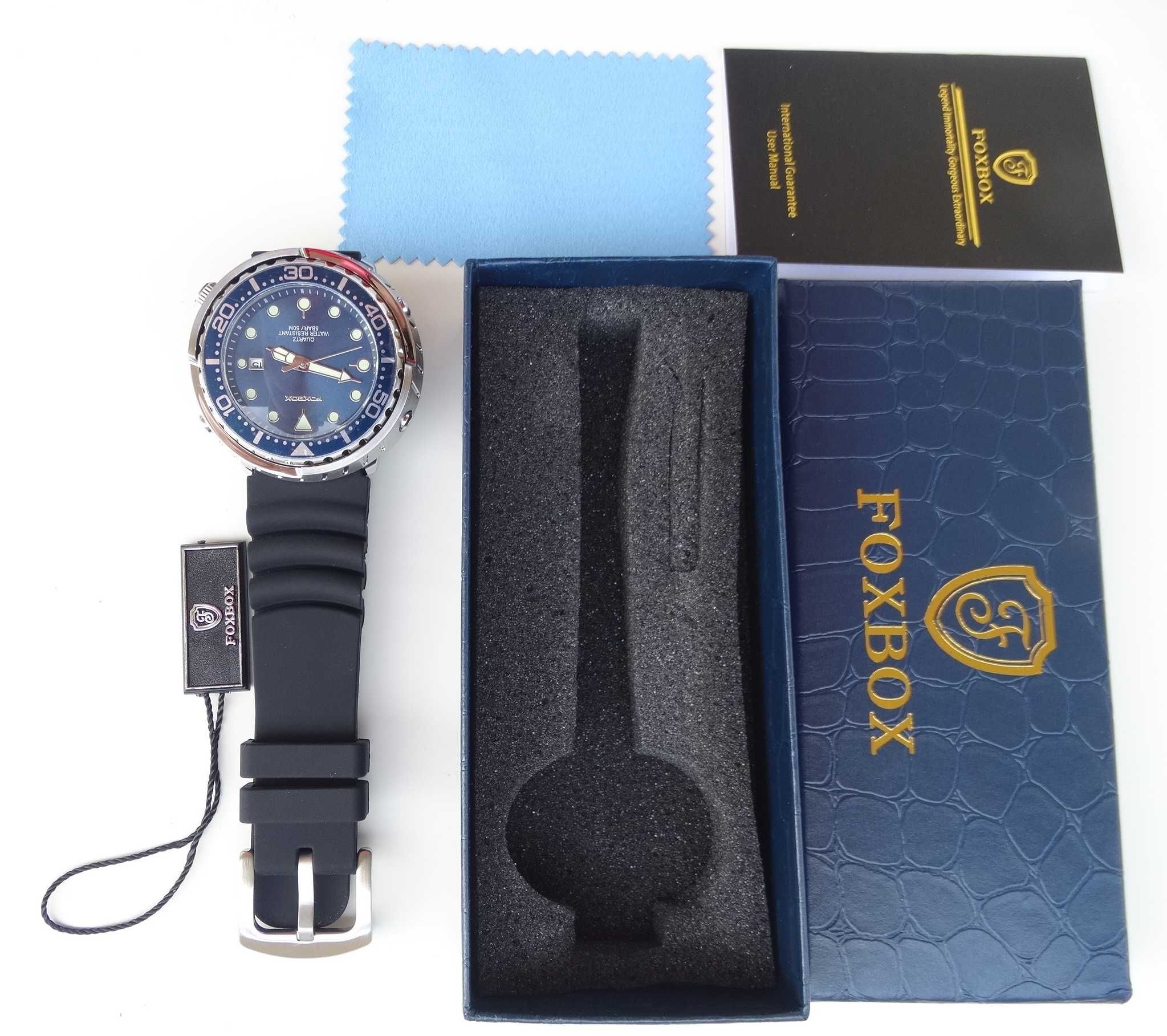 Zegarek Foxbox styl nurka tuńczyk obrotowy bezel wodoszczelny WR50 BOX