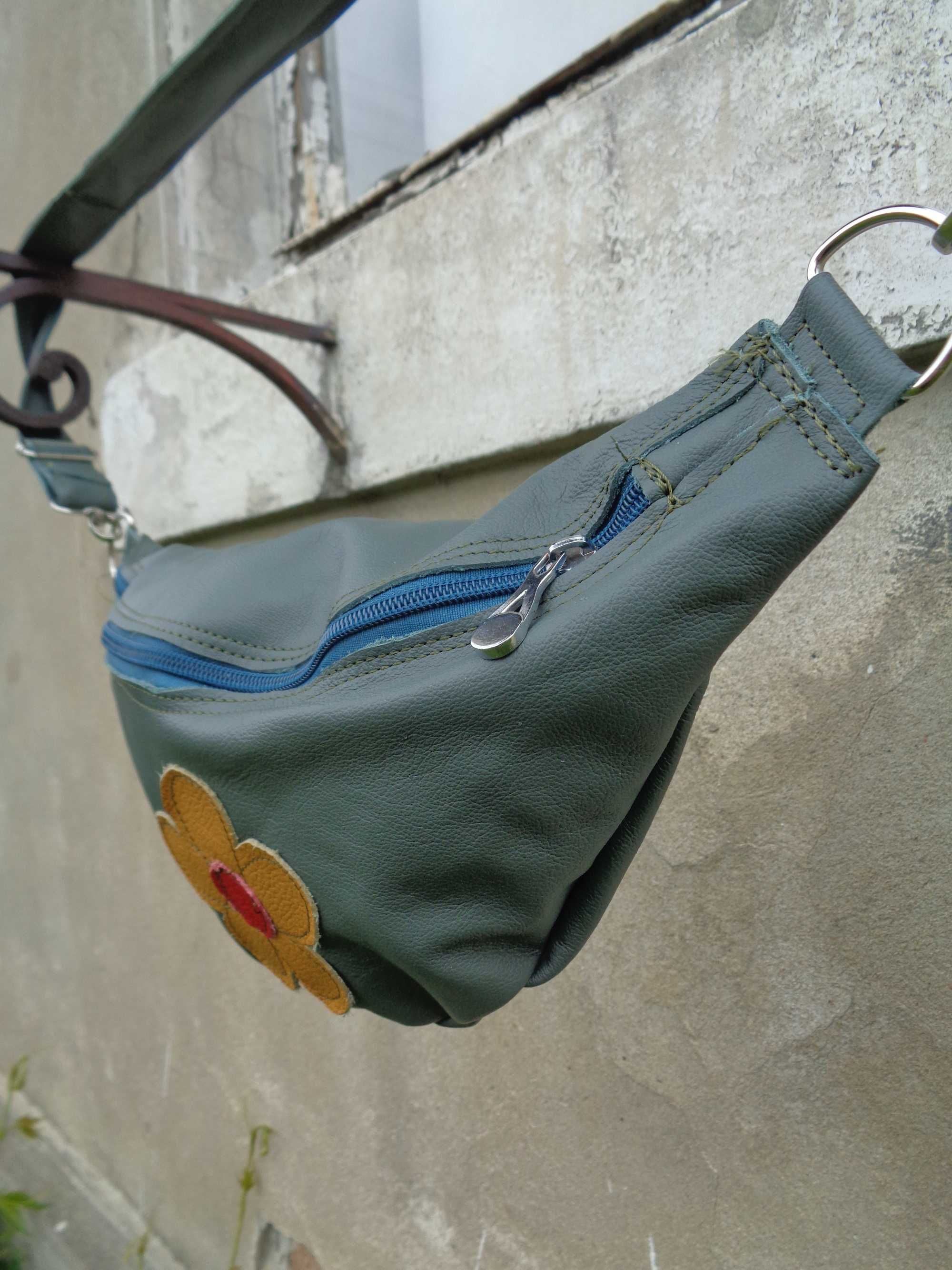 Artystyczna skórzana nerka z kwiatkiem. Handmade