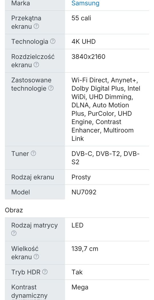 SAMSUNG 55cali 4K UHD DVB-T2 SMART telewizor