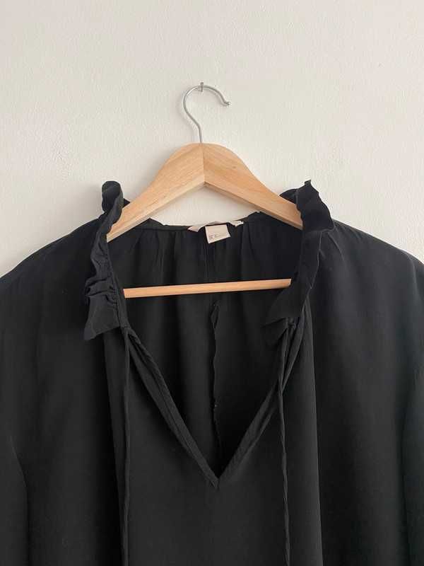 czarna bluzka H&M dekolt V wiązany luźna 36 S gładka z długim rękawem