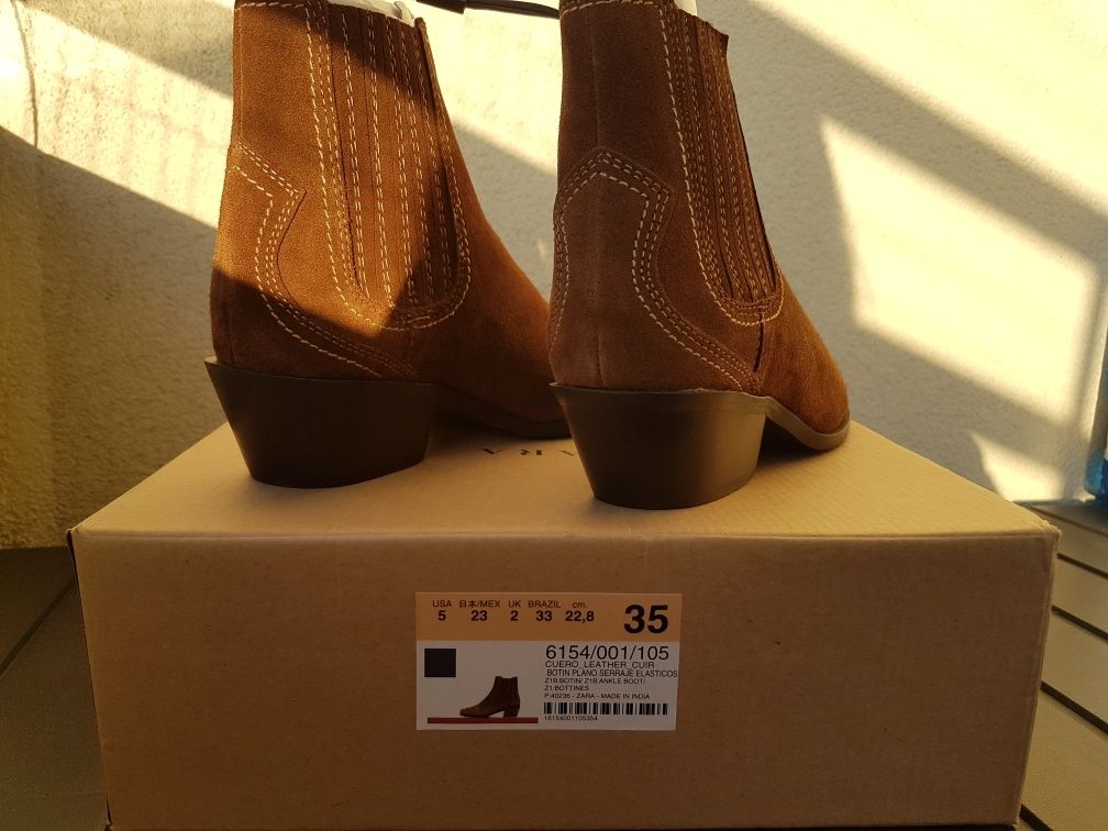 ZARA nowe botki kowbojki, SKÓRA, zamsz, r. 35 w cenie zakupu!