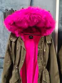 Parka kurtka plaszcz sinsay 40 L różowe futro neon