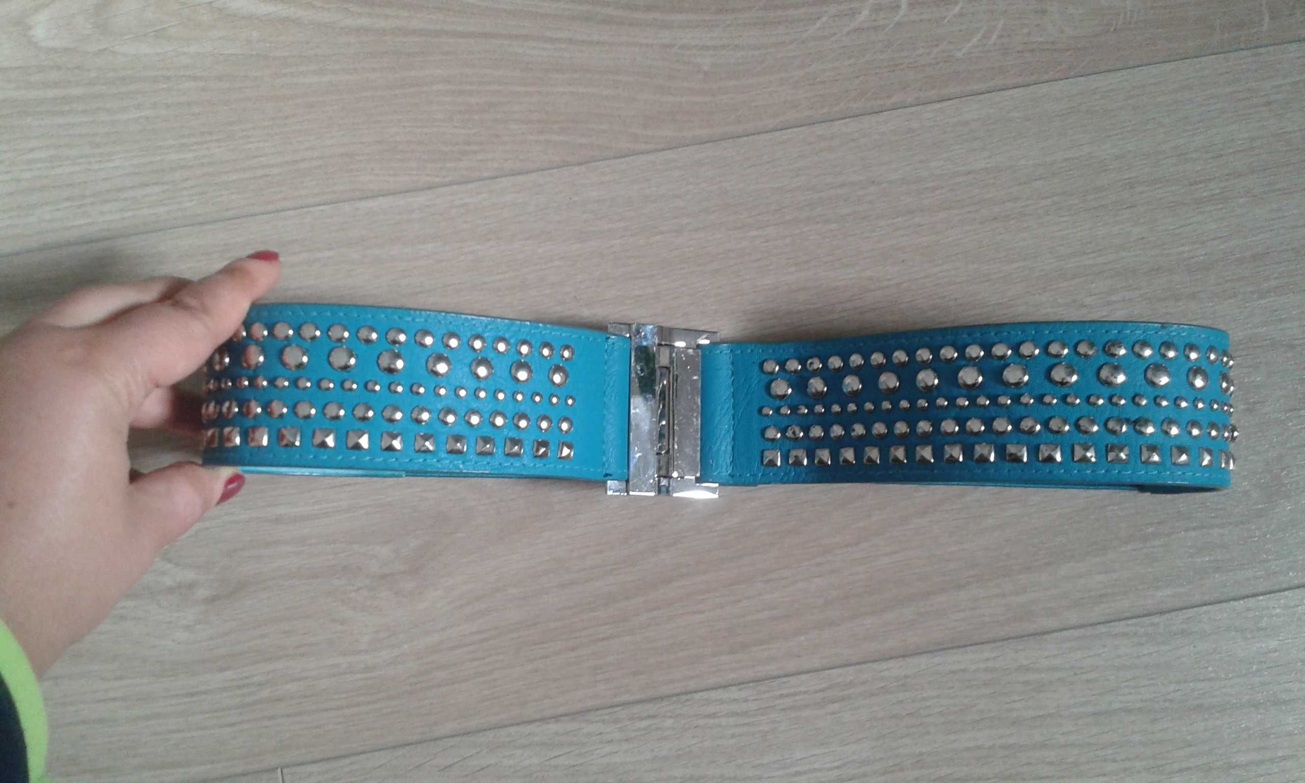 NOWY Pasek damski z ćwiekami ozdoby ćwieki turkusowy 80x5cm