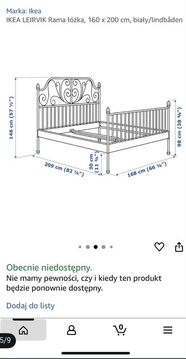 Rama łóżka LEIRVIK Ikea 160/200 oddam za darmo