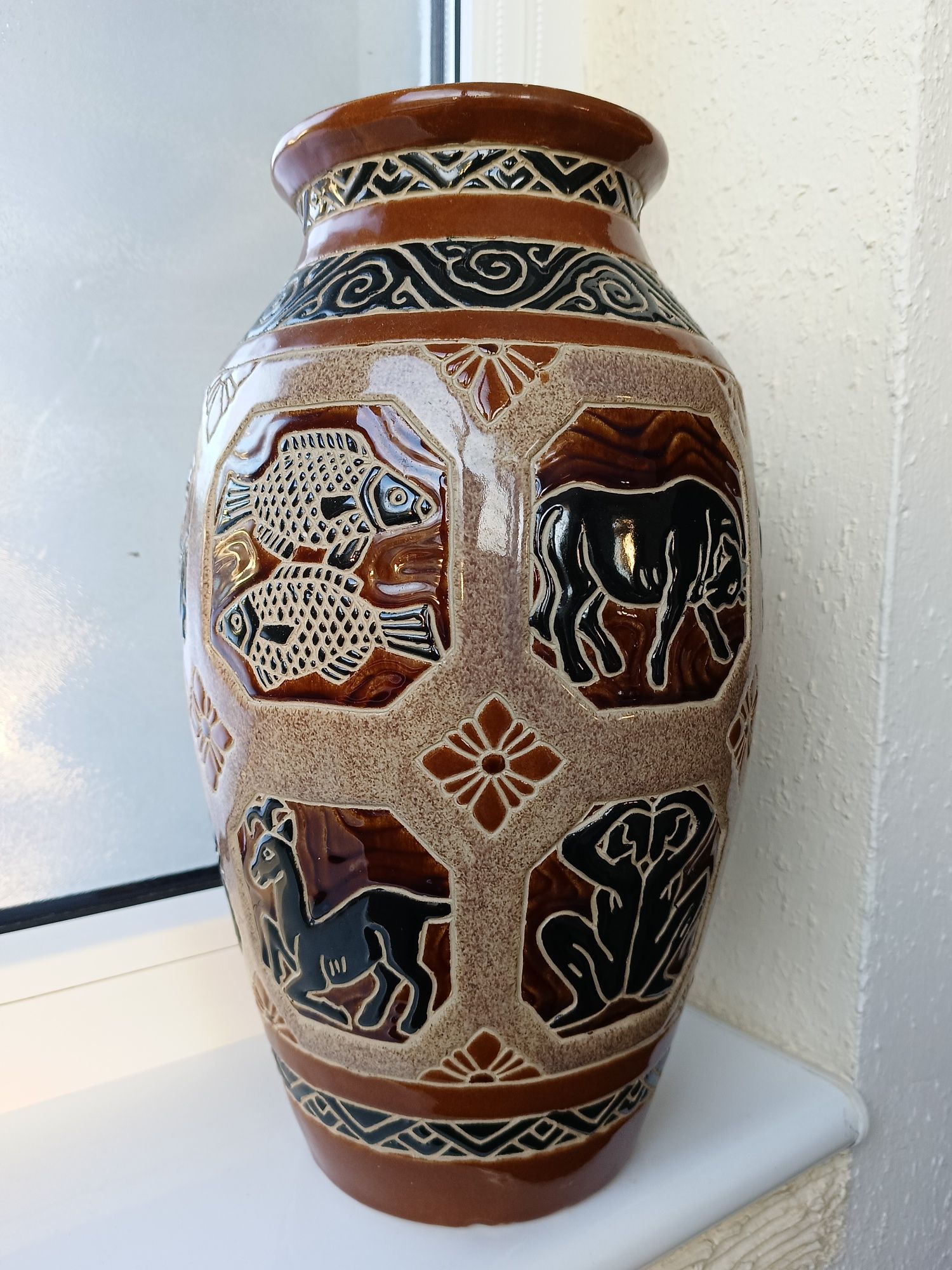 Stary duży wazon zodiac ceramika szkliwiona ręcznie robiony zodiaku