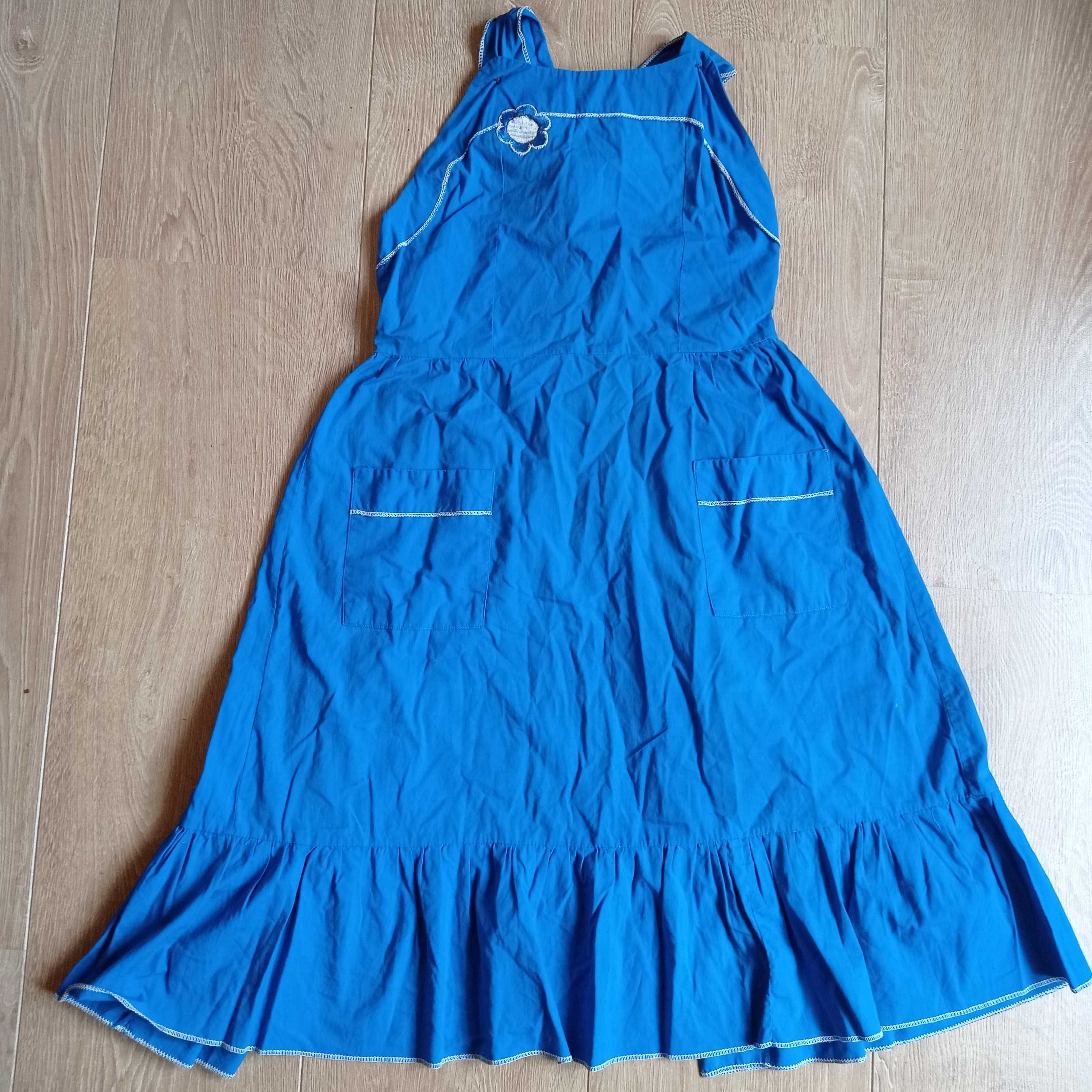 niebieska sukienka fartuszek ogrodniczka XXS/S Prl S.P. Lipcowy Zryw