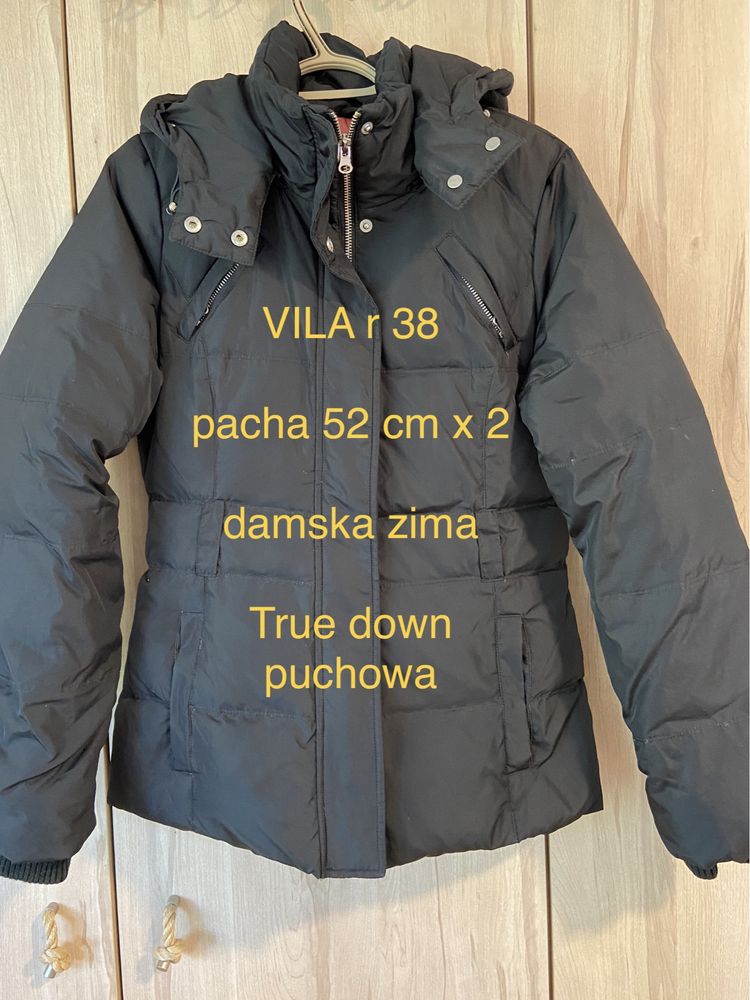 Vila rozm M czarna damska kurtka puch pióra true down pikowana parka z