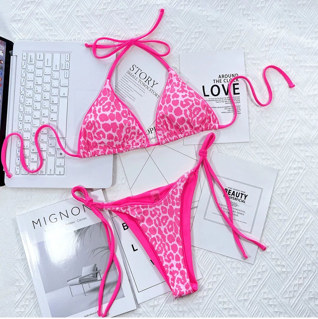Strój Kąpielowy BIKINI Stringi SEXY Neon Wiązane Panterka - S