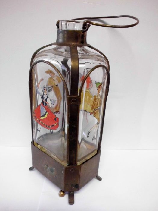 antiga licoreira-garrafa esmaltada á mão-folclore+caixa de música