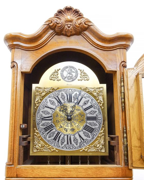 Dębowy ZEGAR stojący podłogowy Zegar Ludwik lata 60. wahadło odważniki