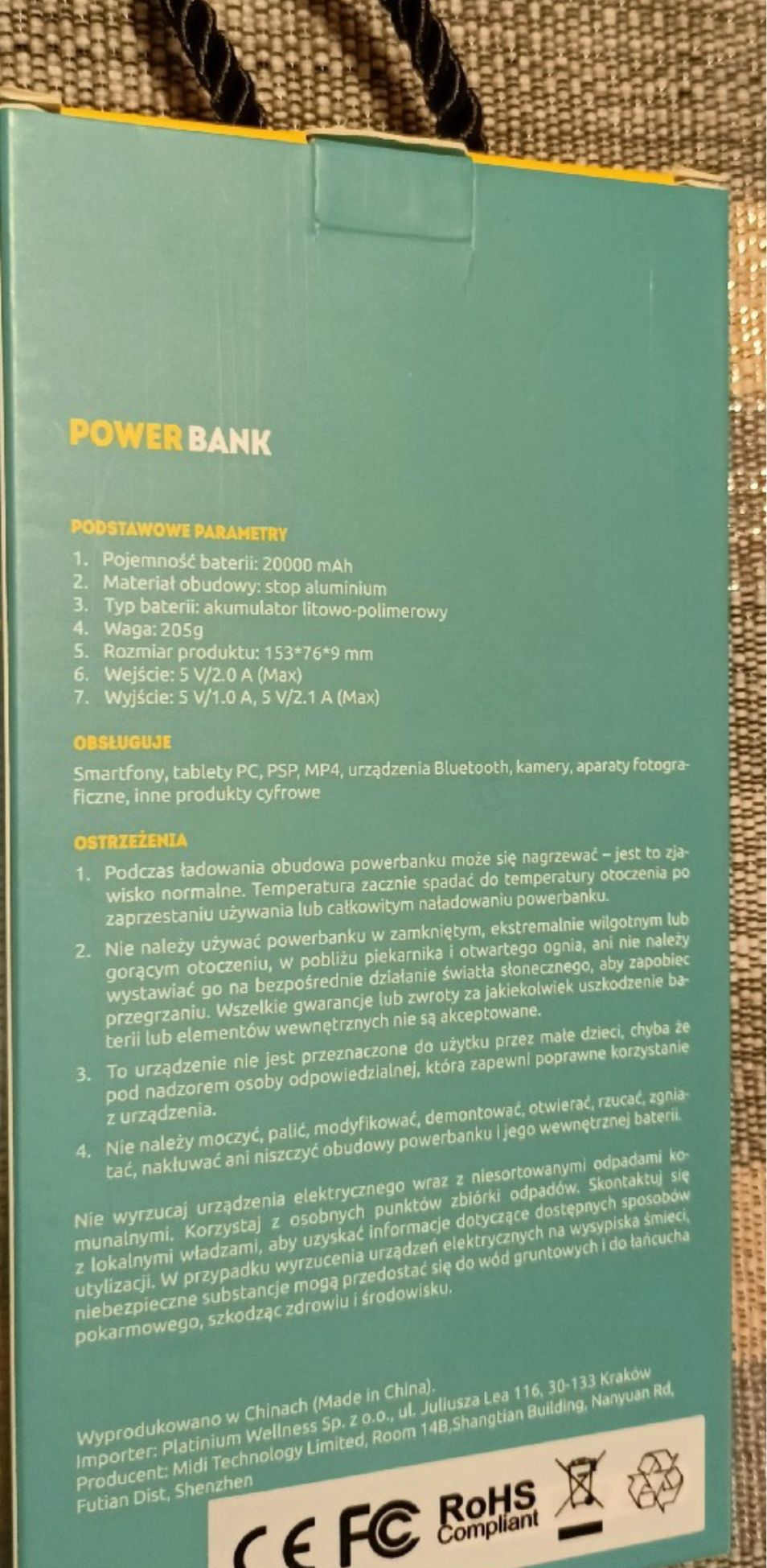 Powerbank o pojemności 20000 mAh Li - Po w aluminiowej obudowie