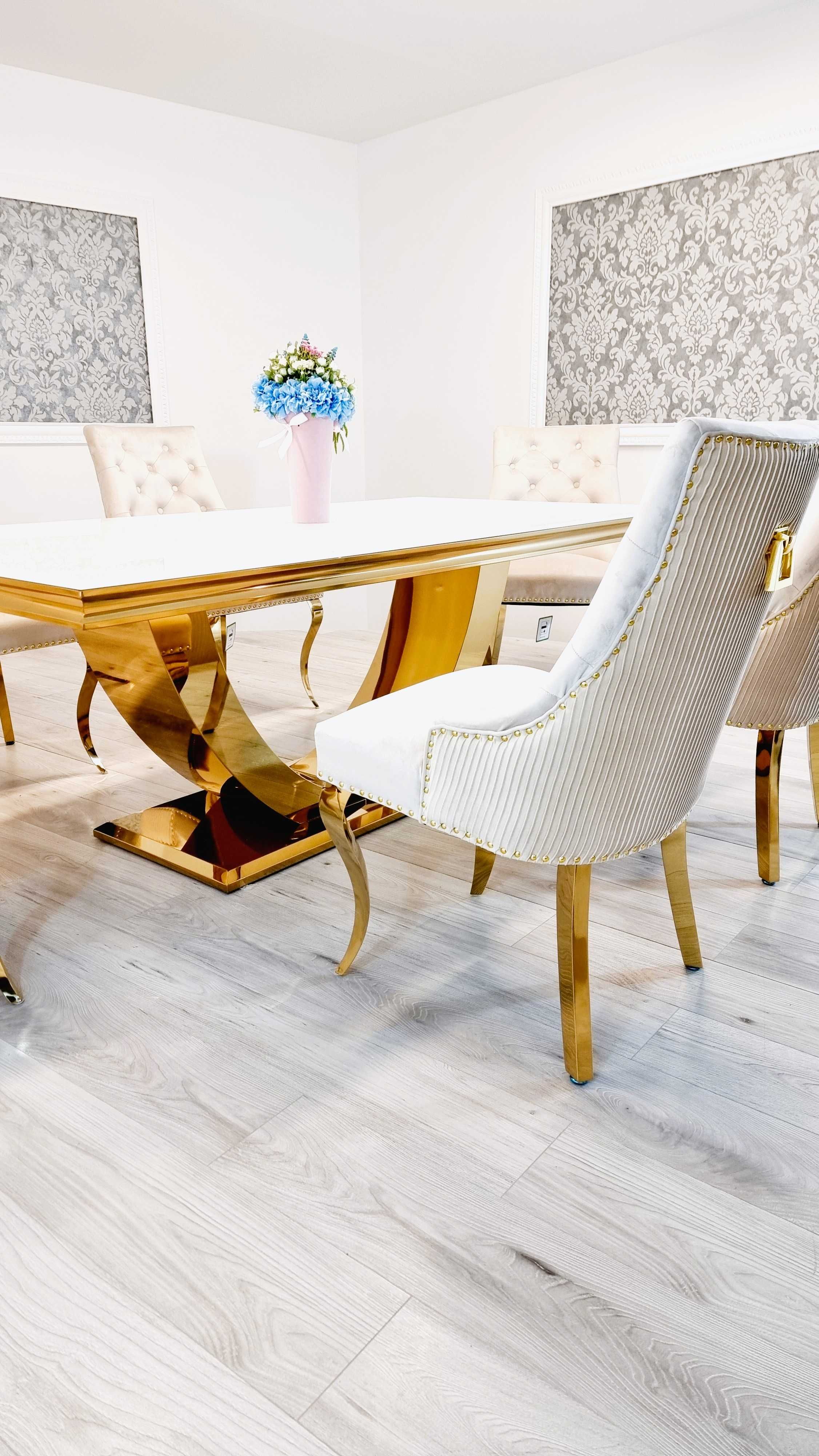Jadalnia stół Valencia 200cm + 6 krzeseł HEAVEN creme + gold