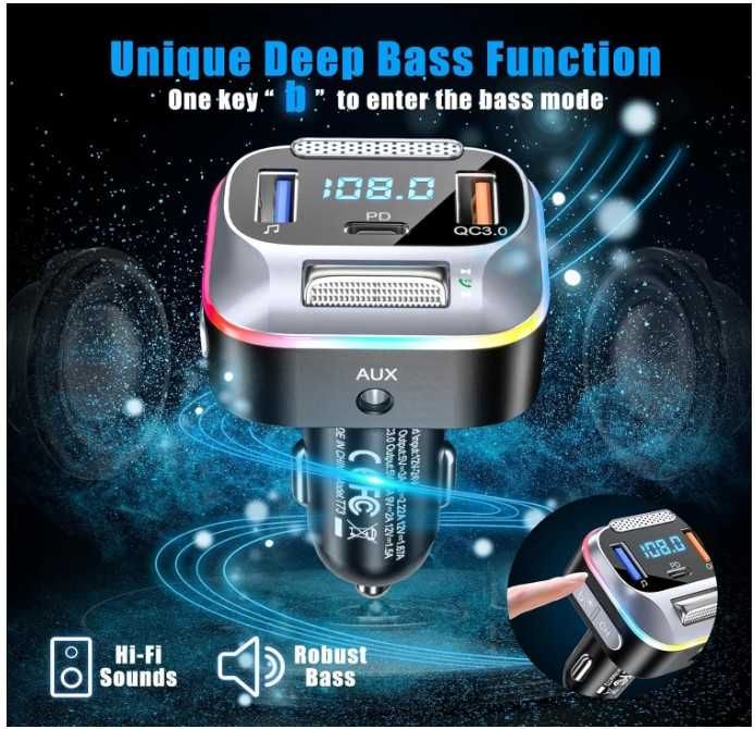Transmiter samochodowy Bluetooth FM LENCENT T73 + szybka ładowarka
