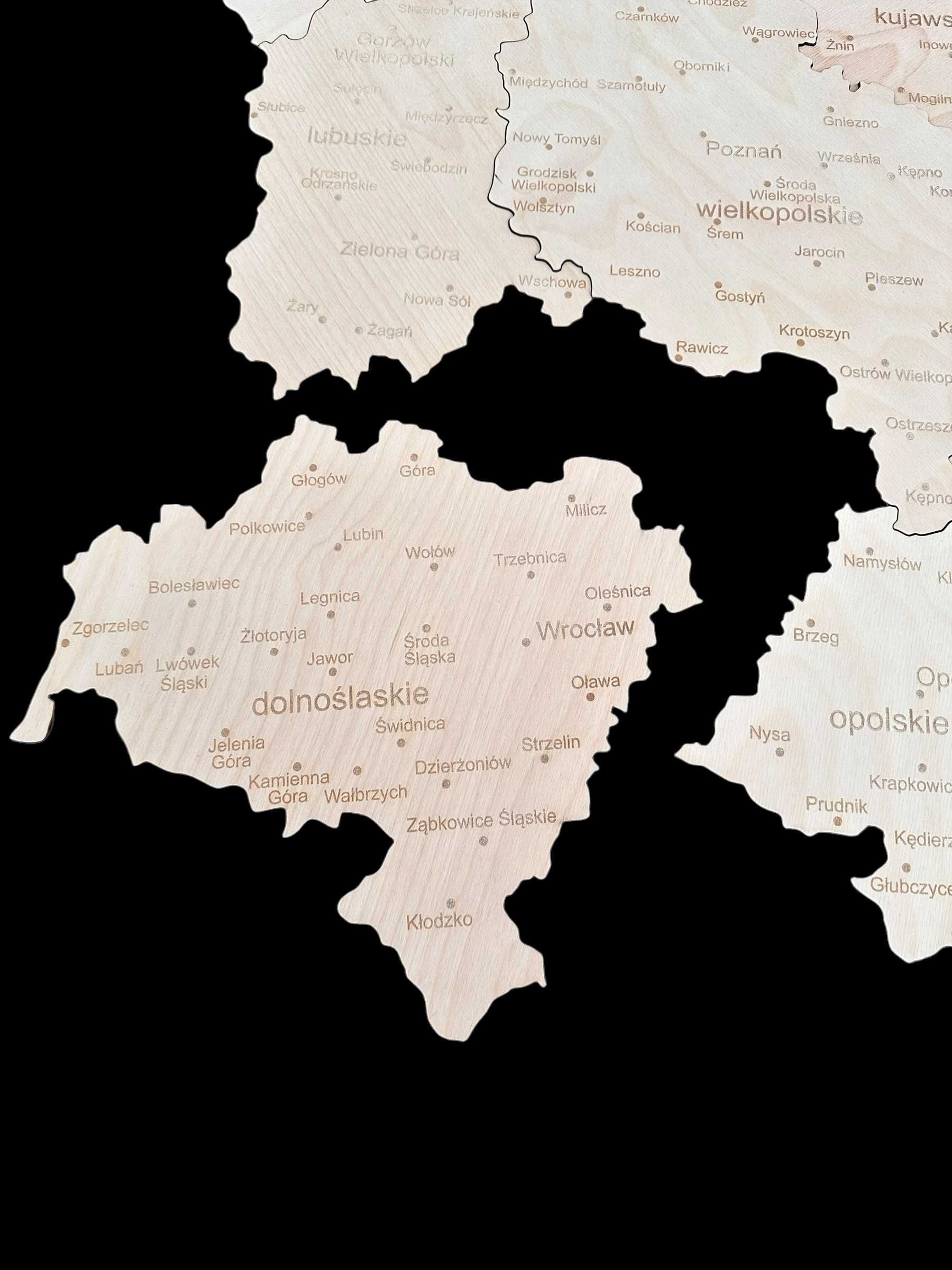 Drewniana nowa mapa Polski, województwa 160x160 cm, naturalna sklejka