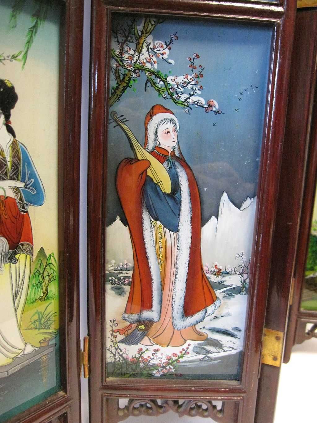 vintage biombo chinês de mesa em madeira com pintura reversa de vidro