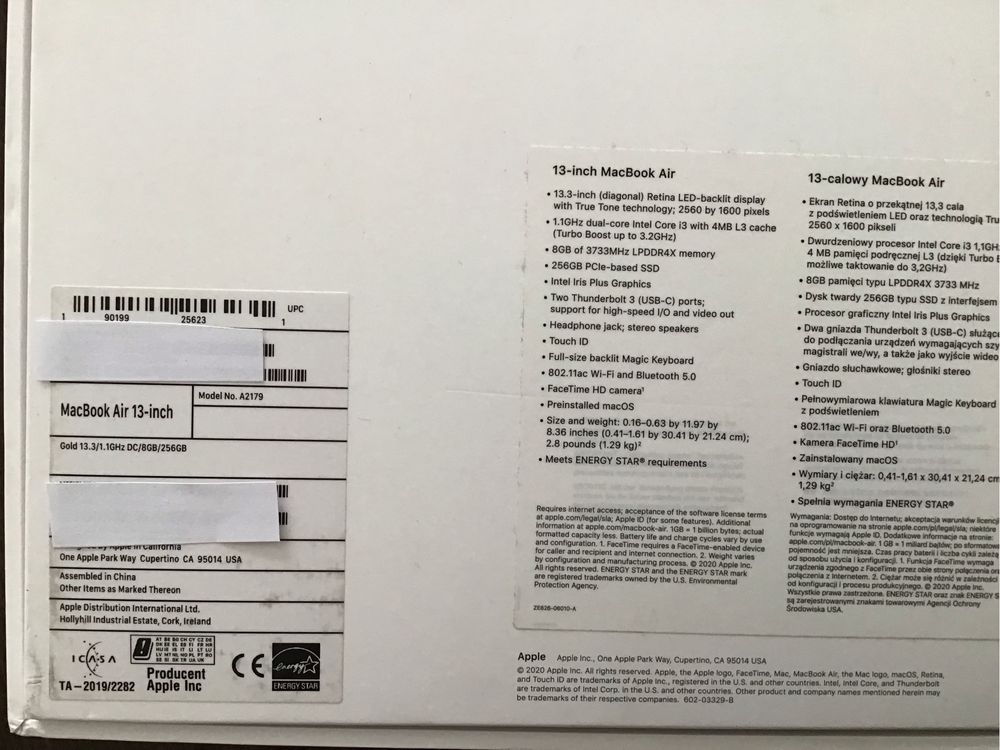 Pudełko macbook air 13 a2179, kolor złoty