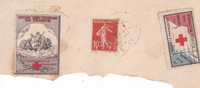 França 1912 Selos em Fragmento Semeuse 10c e Vinhetas Cruz Vermelha