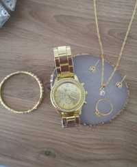 Zestaw na prezent zegarek damski złoty bransoletka naszyjnik kolczyki