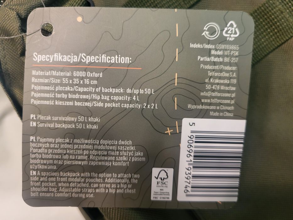 Plecak survival przetrwania 50L nowy modułowy zielony khaki