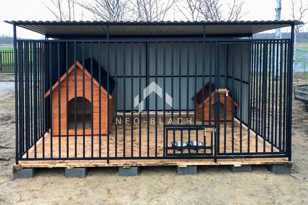 Kojec dla Psów 3x3m - Drewniana podłoga - Uchwyt na miski NB166