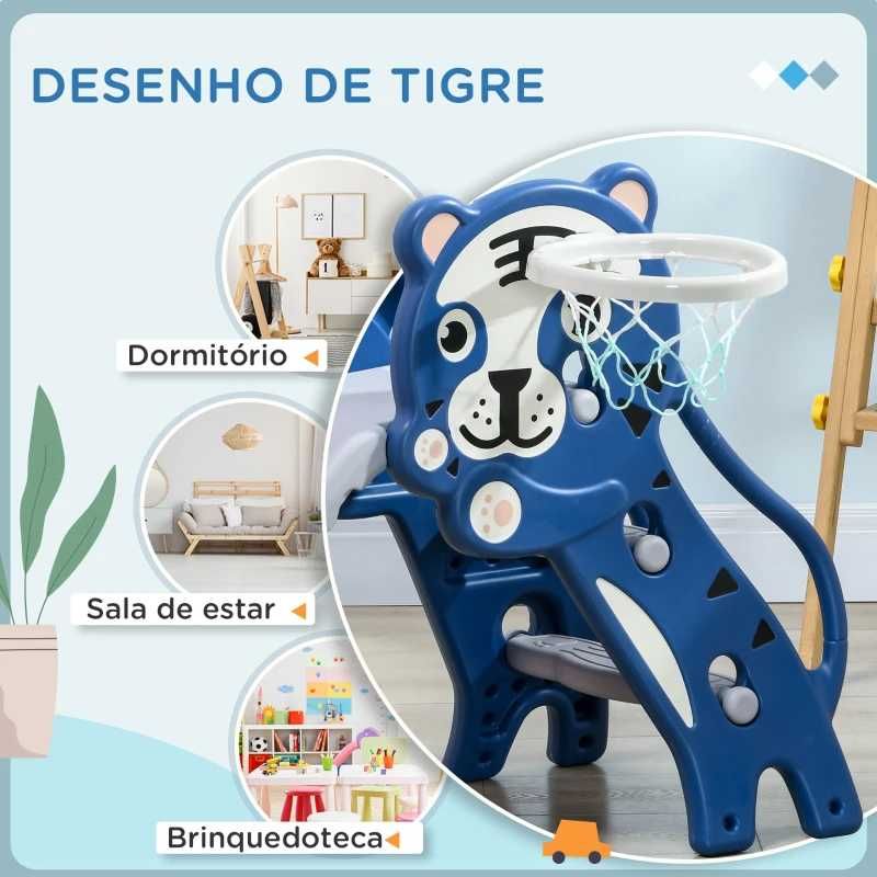 Escorrega Tigre Azul para Crianças 2 em 1 (com Cesta de Basquetebol)