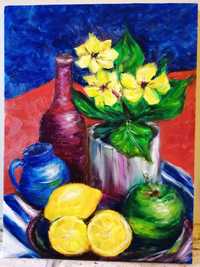 Pintura a óleo sobre tela, composição com frutas e flores