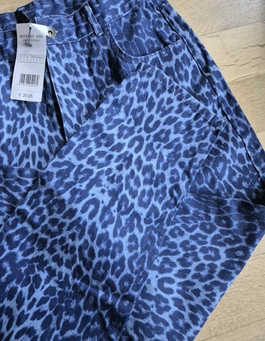Spodnie Calzedonia L Cętki Panterka Niebieskie Girlfriend bawełniane