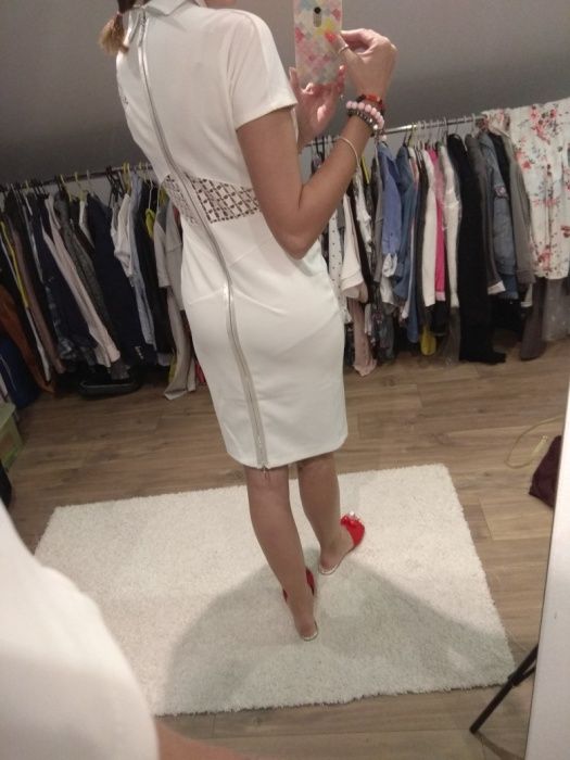 Sukienka biała tuba ołówkowa kołnierzyk ażur elegancka zamek rozm. M
