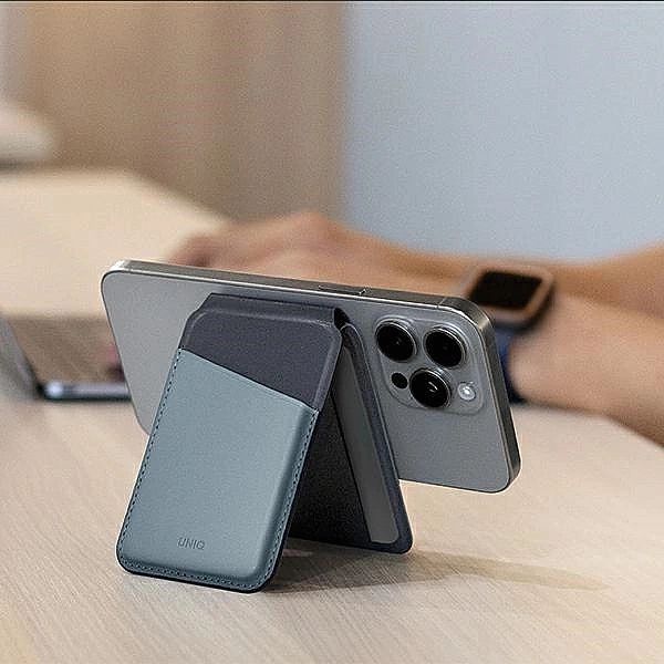 Portfel UNIQ Lyden DS magnetyczny RFID ze stojakiem na telefon - niebi