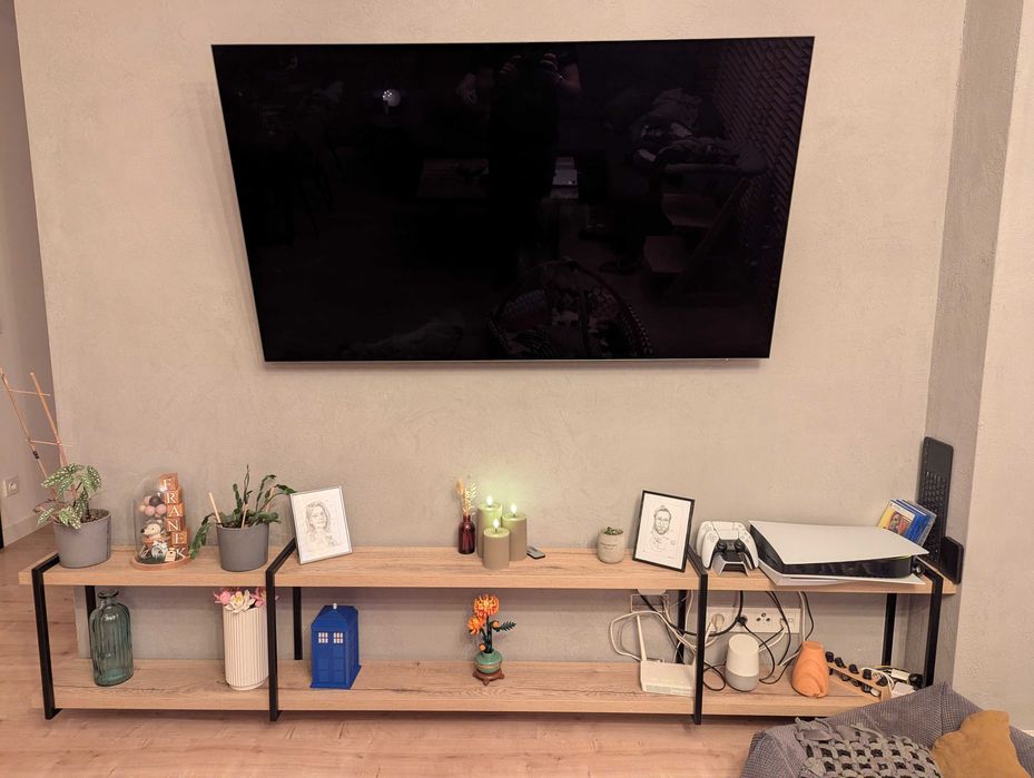 Półki wiszące, dąb Halifax, 260 cm + stalowe profile, idealne do RTV