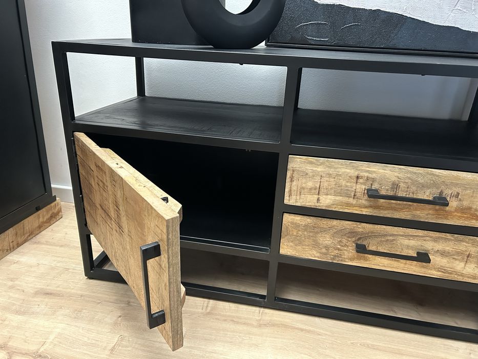 Komoda LOFT drewniana mango metal czarna szafka rtv pod tv NOWA