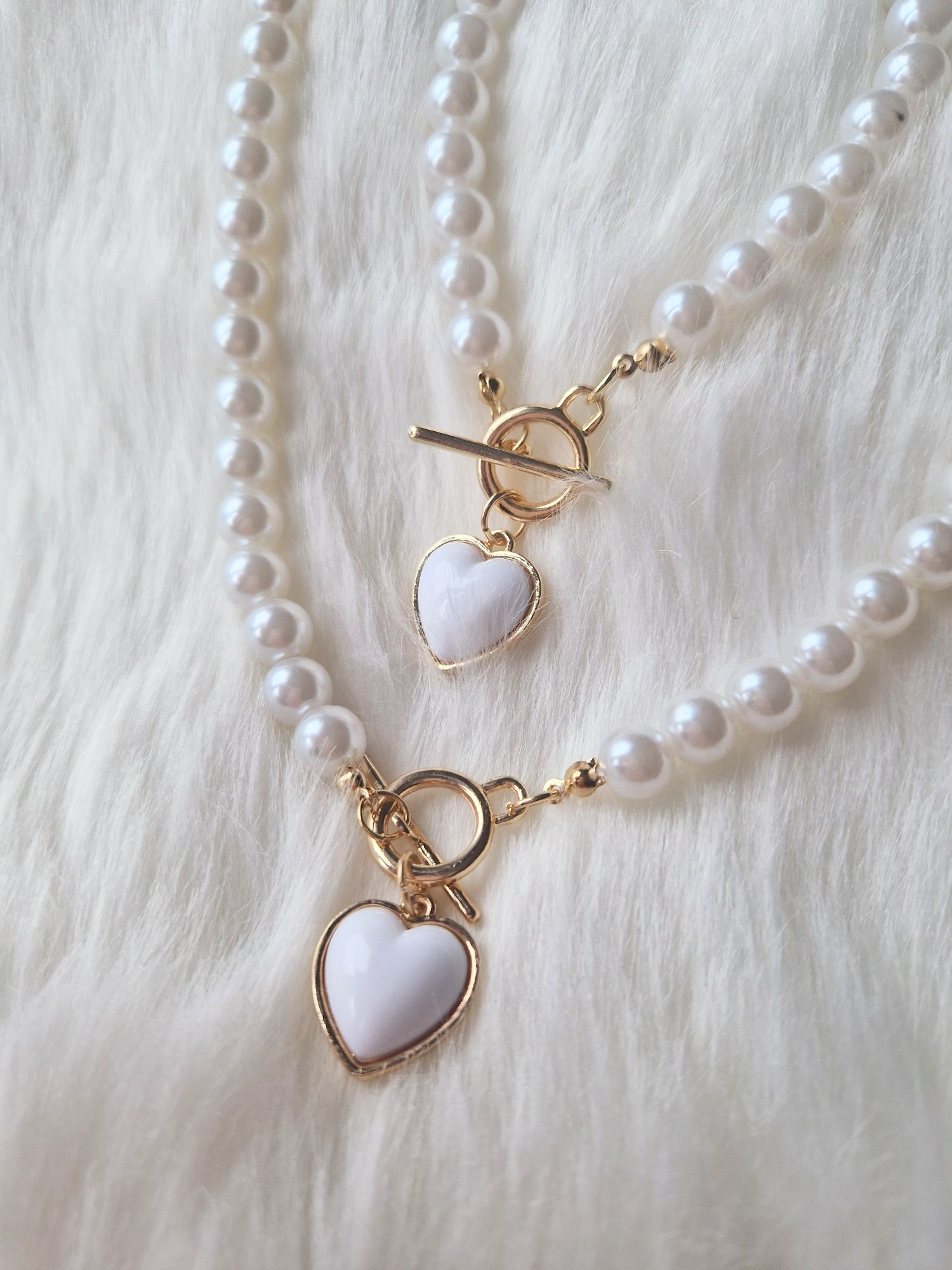 Naszyjnik bransoletka z pereł perełek białe perłowe z serduszkiem