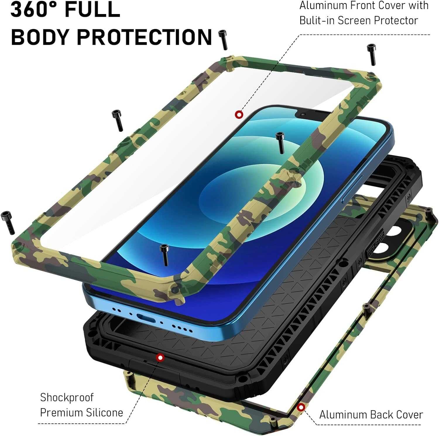 Beeasy iPhone 12 etui wodoodporne pancerne IP68 Metalowa kamuflaż