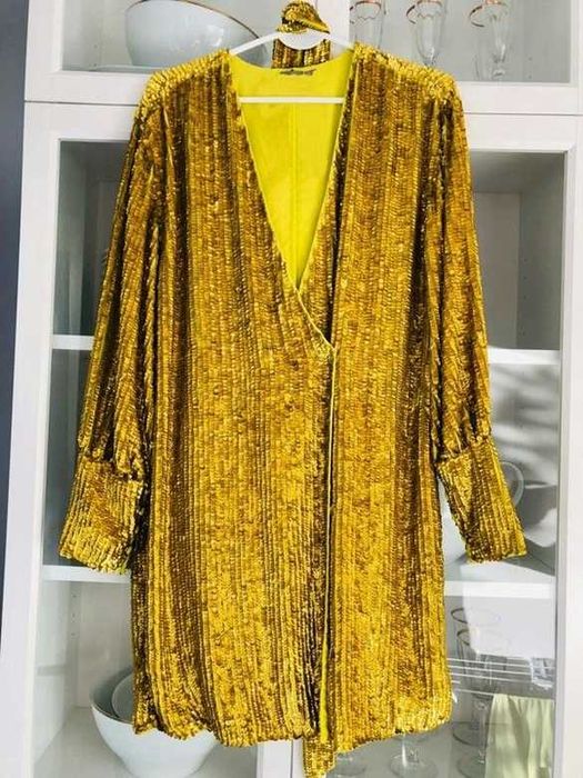 Asos Złota Sukienka Cekinowa Kopertowa Szlafrokowa Wiązana Ekskluzywna