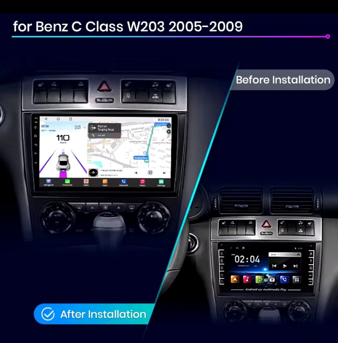Rádio 9" Mercedes W203 Carplay Android Auto GPS 1/32GB + CANBUS NOVO