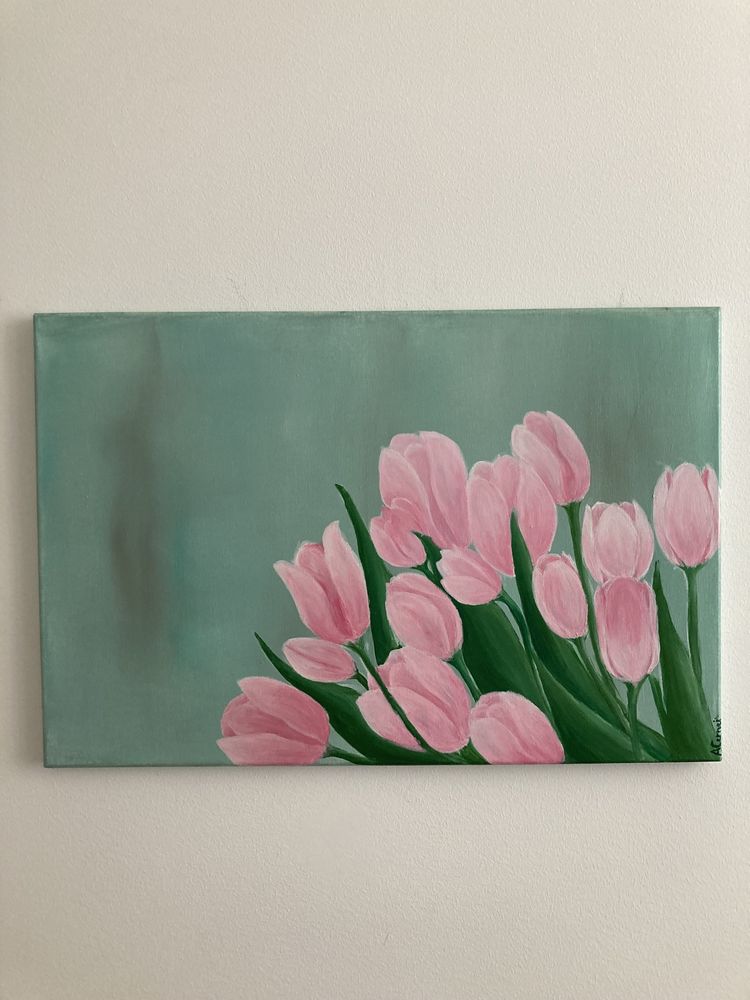 Quadro pintura tulipas cor de rosa